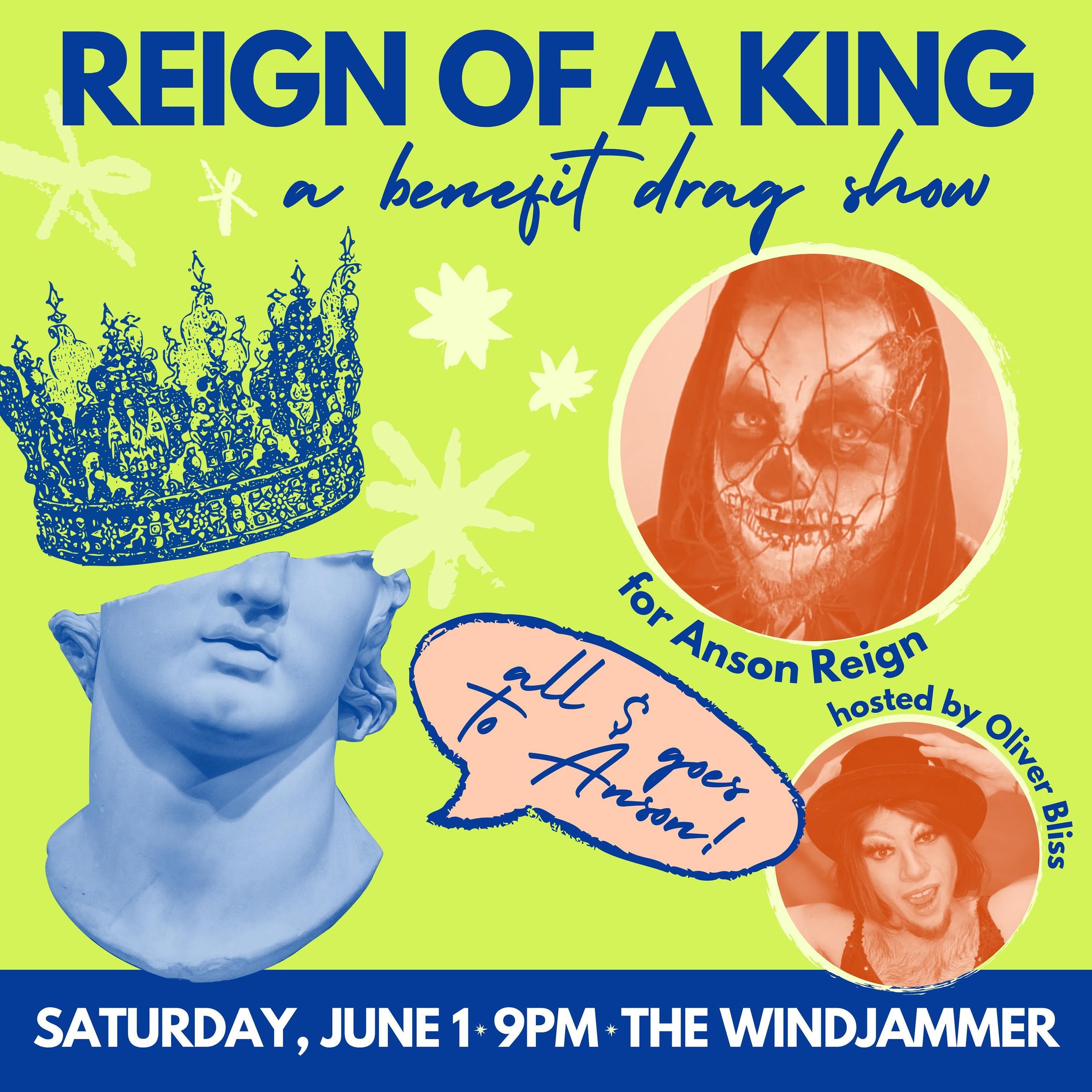 june 1st, 9pm, @thewindjammer! join ripley grier (me) &amp; some friends for a night of drag &amp; burlesque for a wonderful cause. all ticket proceeds &amp; tips will go to @ansonreign, a generous performer &amp; vocal coach, as well as the creator 