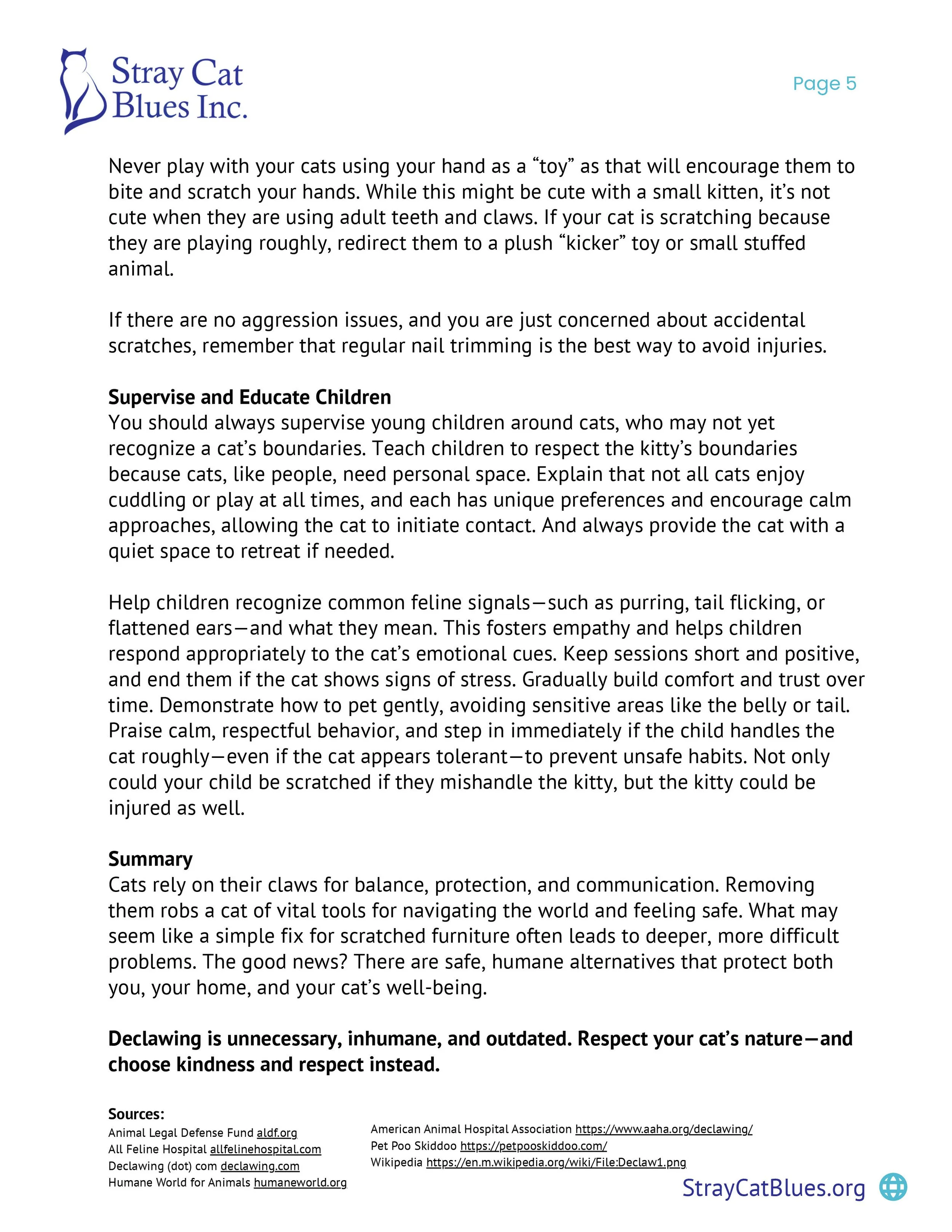 Informational document from Stray Cat Blues Inc. about how to safely interact with cats, including supervision of children, recognizing feline signals, and respecting cats' boundaries.