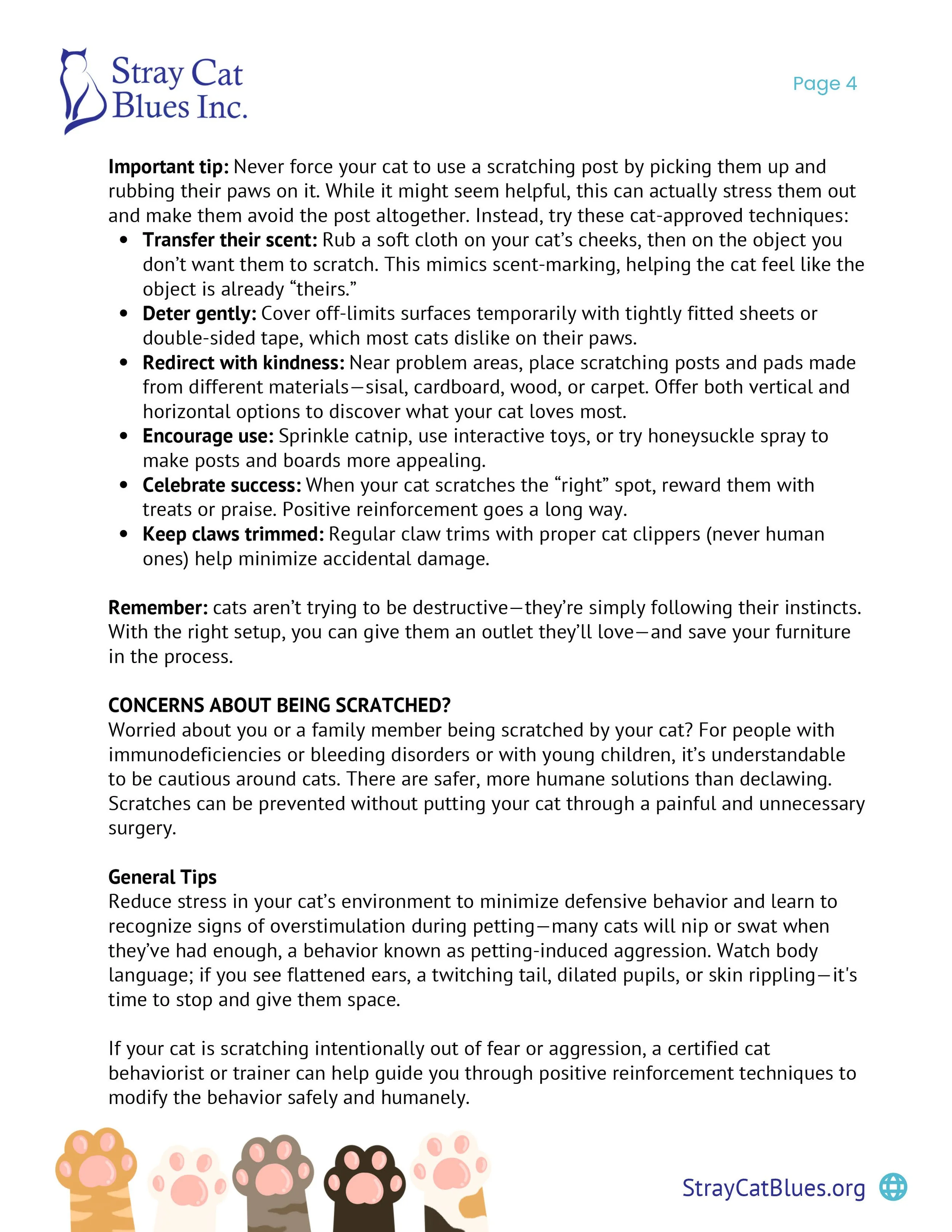 A printed page with tips for caring for cats, titled 'Stray Cat Blues Inc.' The page includes sections on handling scratches, preventing scratches, redirection, encouraging play, rewarding good behavior, trimming claws, and addressing concerns about