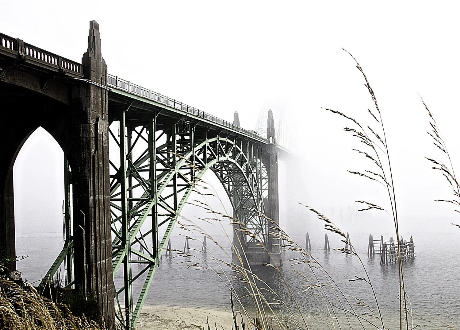 Yaquina Bay Bridge Newport Oregon in the fog.