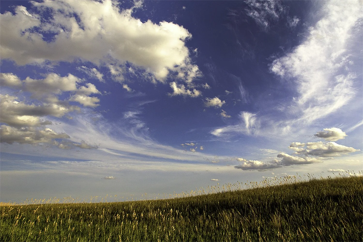 Prairie in Badlands National Park with blue skies and swirly clouds.