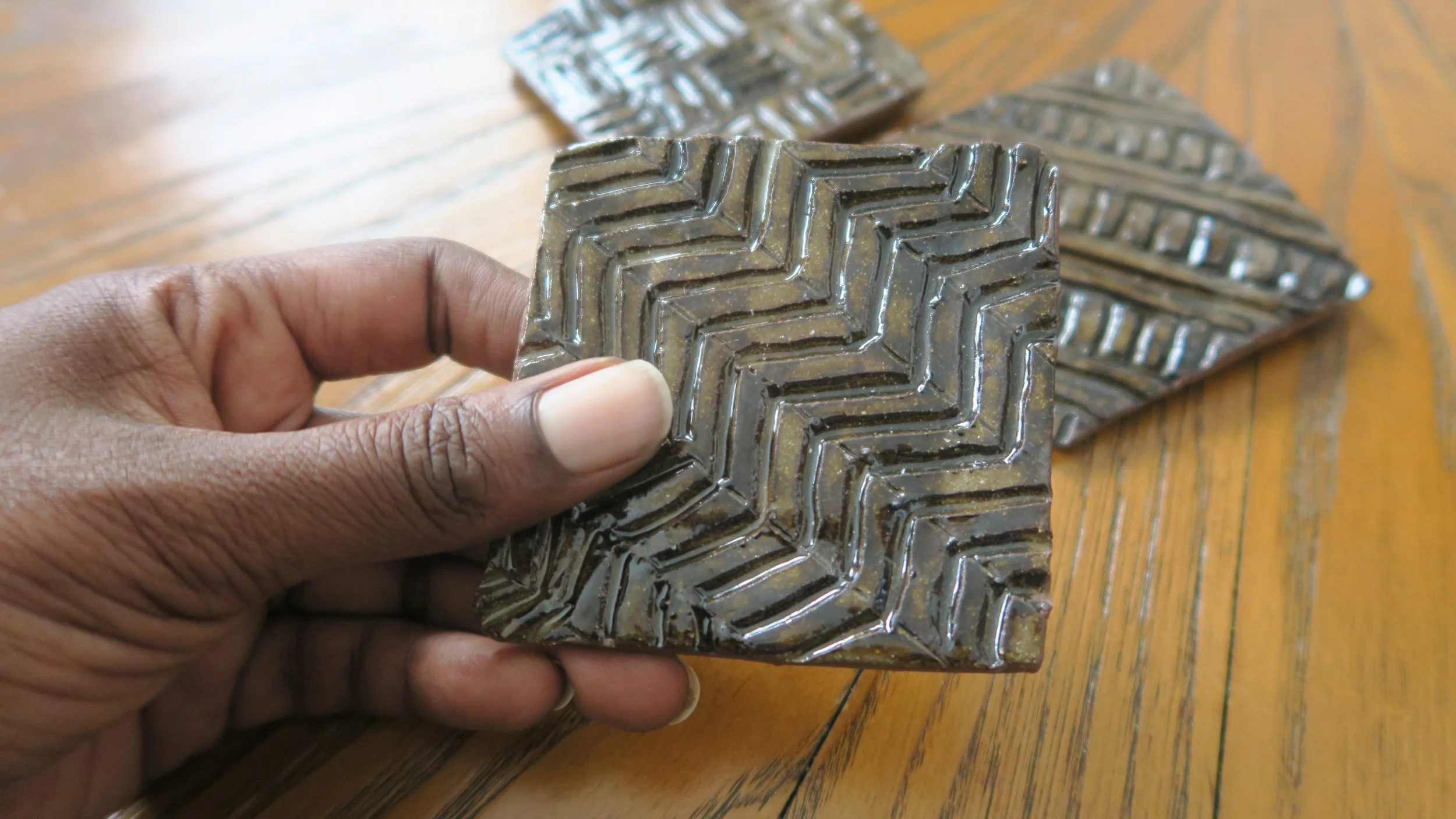 Three Square Carved Coasters (glazed)