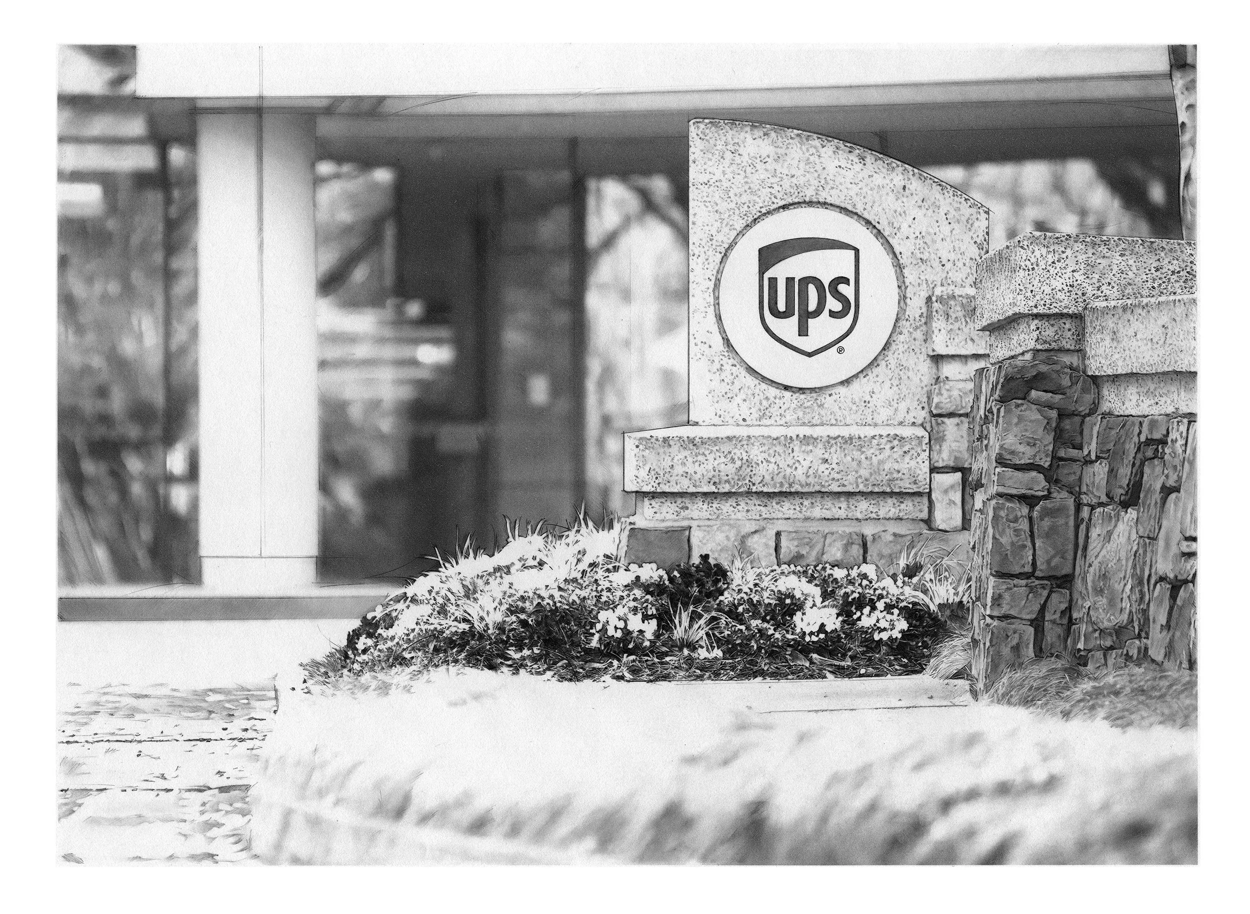 Graphite Illustration of UPS Corp Headquarters in Atlanta, GA by Randy Glass