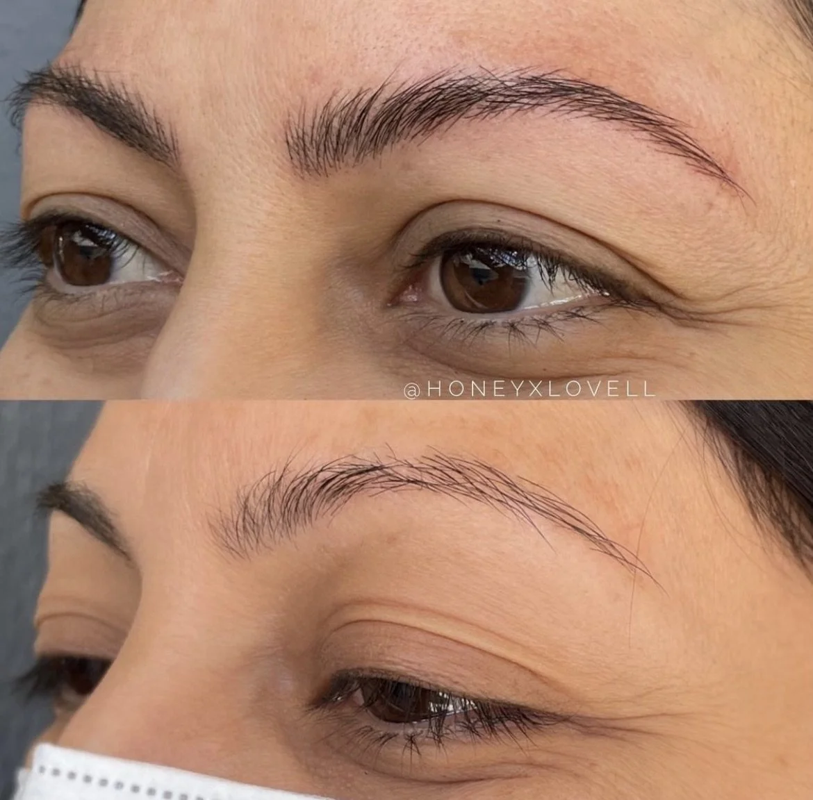 Close-up of a person's eyes before and after eyebrow grooming, showing improved brow shape and clean eyelid area.