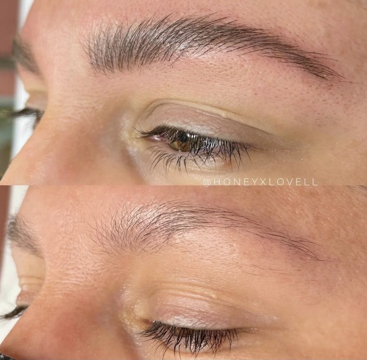 Close-up of a person's eyebrows and eyelashes before and after eyebrow and eyelash grooming or enhancement.