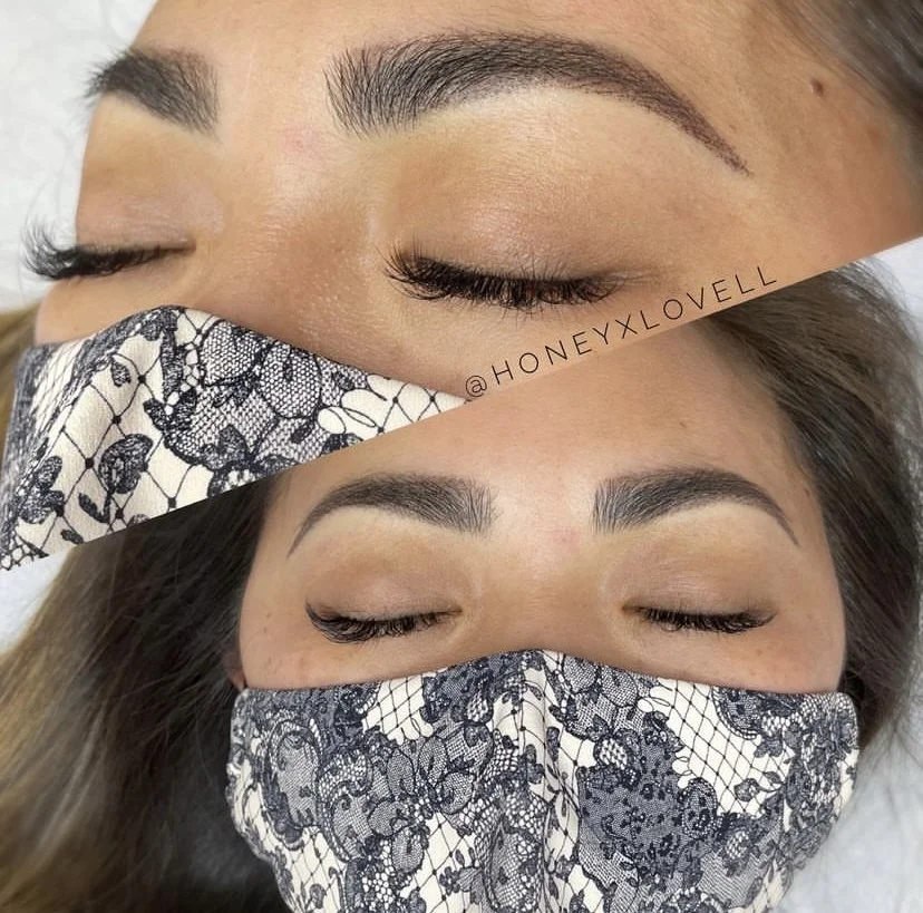 Close-up of a woman's face with her eyes closed, showing before and after eyelash enhancements, and wearing a patterned face mask.