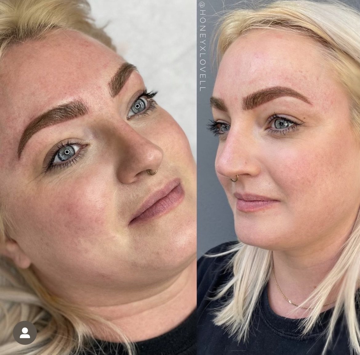 Side-by-side close-up photos of a woman's face showing before and after eyebrow microblading.