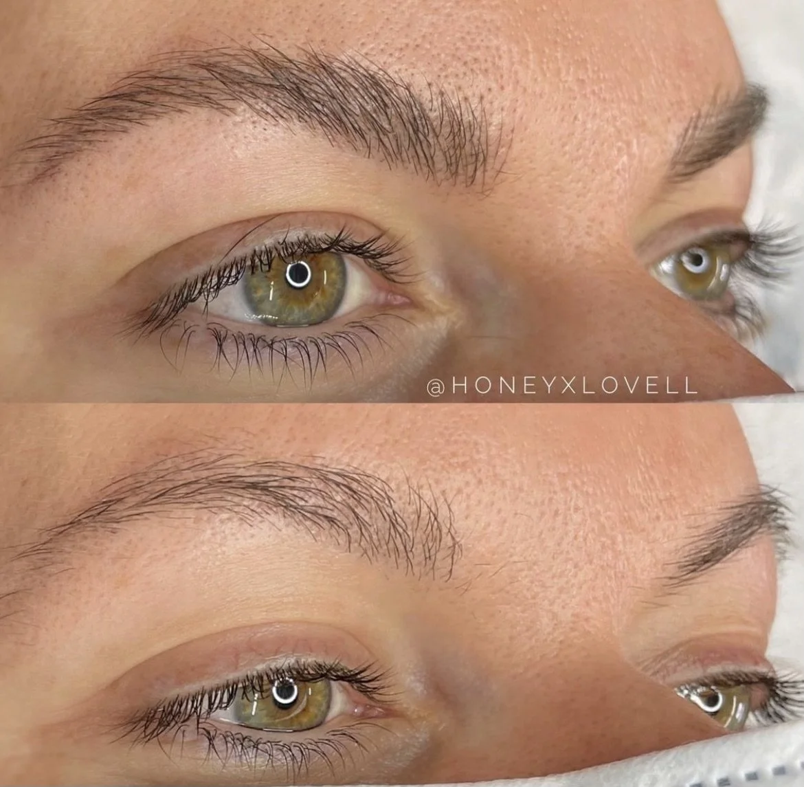 Close-up of a person's eye before and after eyelash extension application.