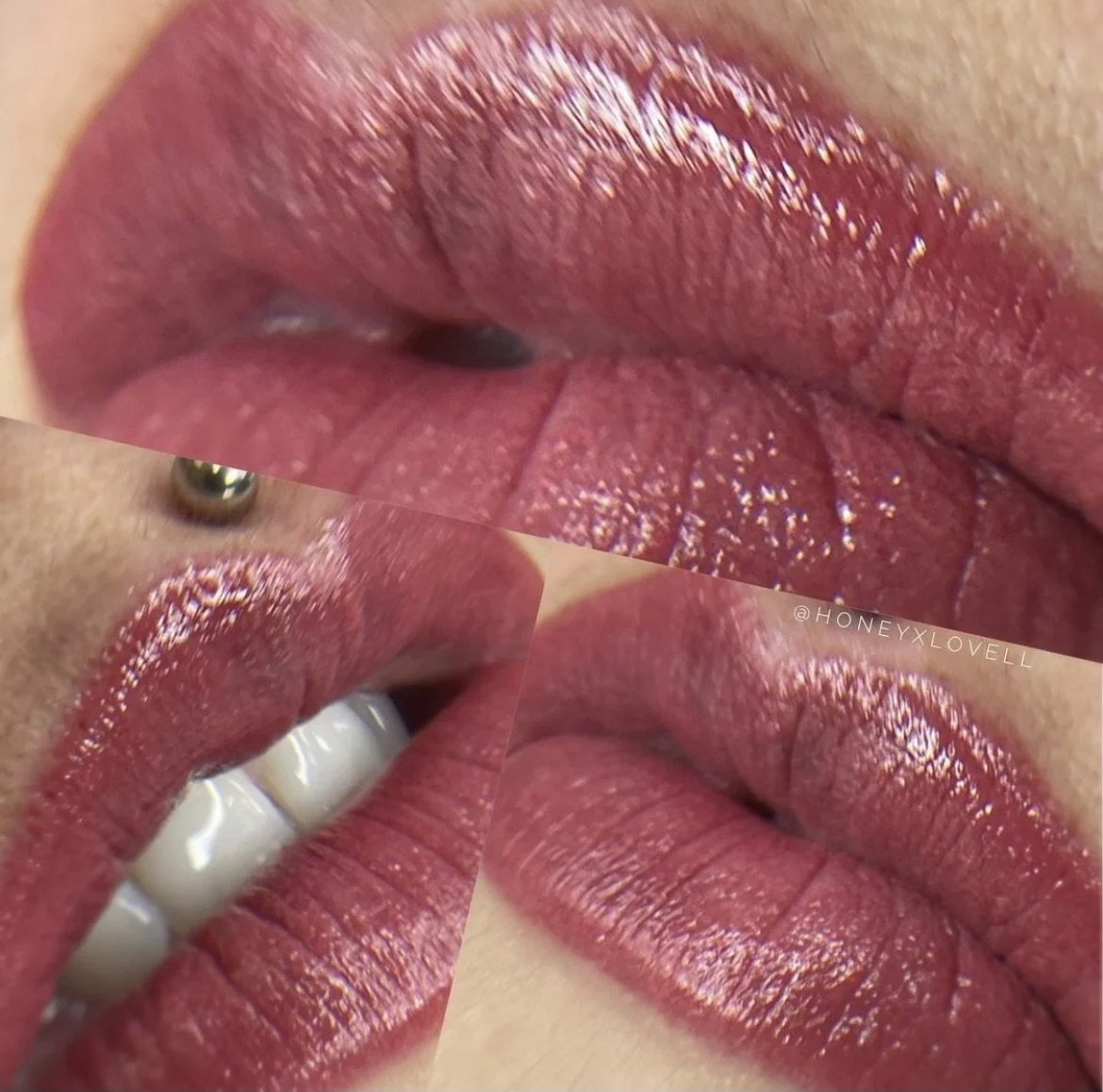 Close-up photos of glossy, pink lips in different angles.
