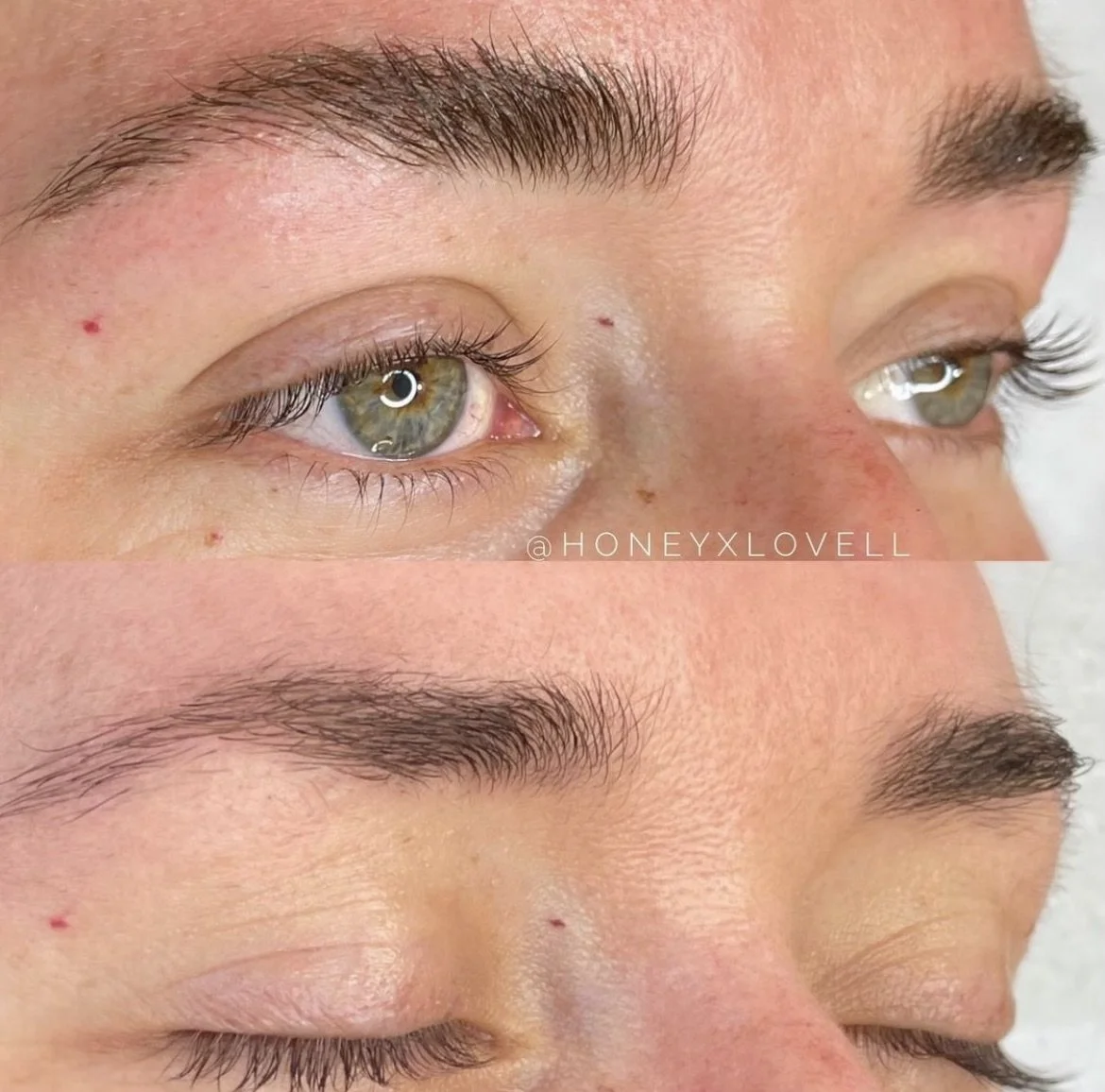 Close-up of a person's eyes and eyebrows showing before and after eyelash extension application, with the top image displaying natural lashes and the bottom image showing fuller, longer lashes.