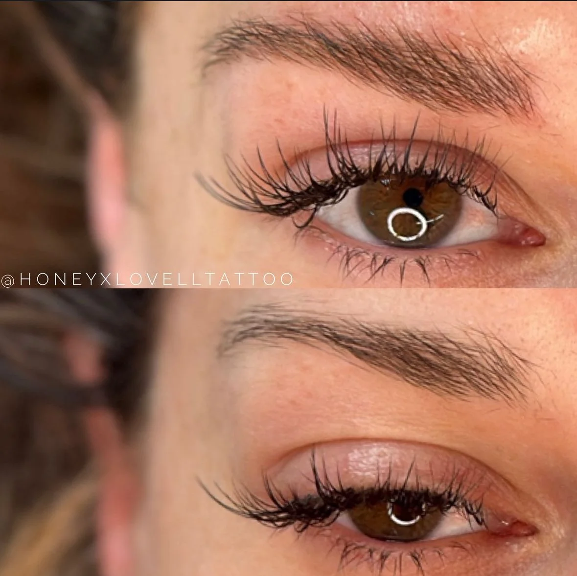 Close-up of a person's eyes and face, with pink hair partially visible, wearing a black mask with white and yellow flower design that covers the lower half of the face.