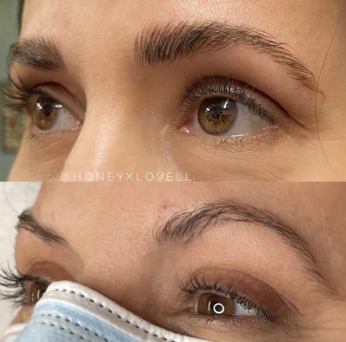 Close-up of a person's eyes and eyebrows before and after eyebrow grooming, with the lower image showing the person wearing a face mask.