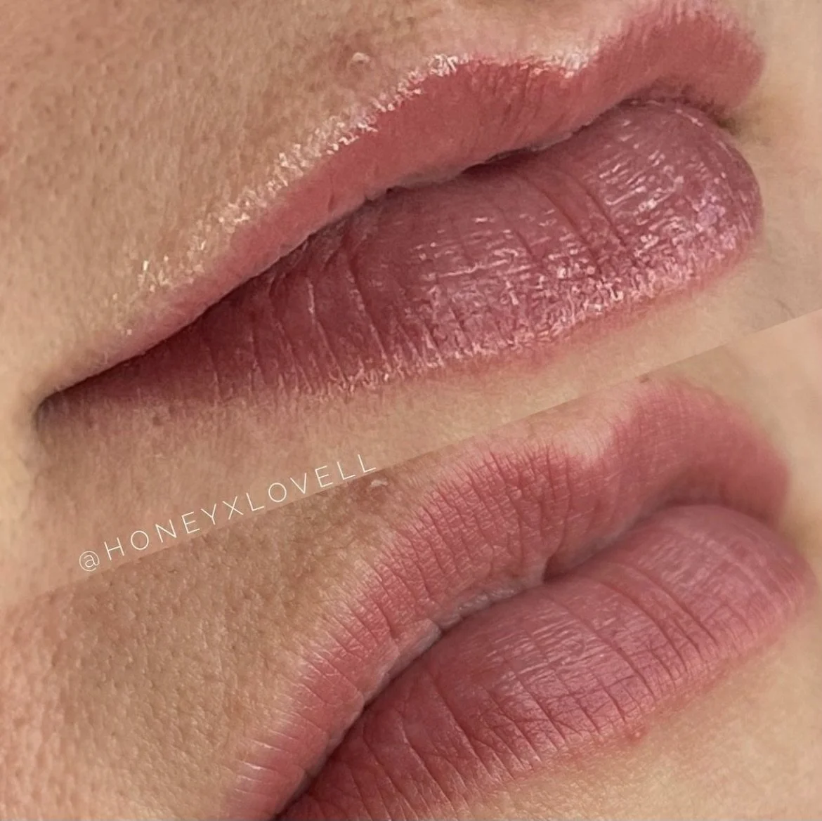 Close-up of lips with lipstick, showing before and after applications, highlighting the color and texture.