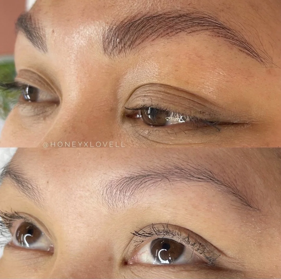 Close-up of a person's eyebrows and eyes, showing a before and after of eyebrow grooming or shaping.