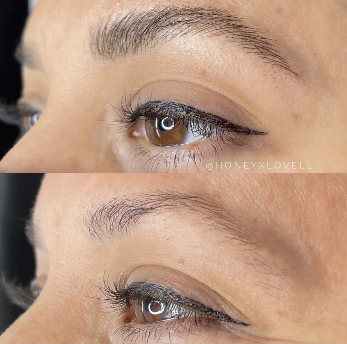 Close-up of a person's eye with minimal makeup, showing brown eye, long eyelashes, and well-groomed eyebrows before and after eyelash extensions.