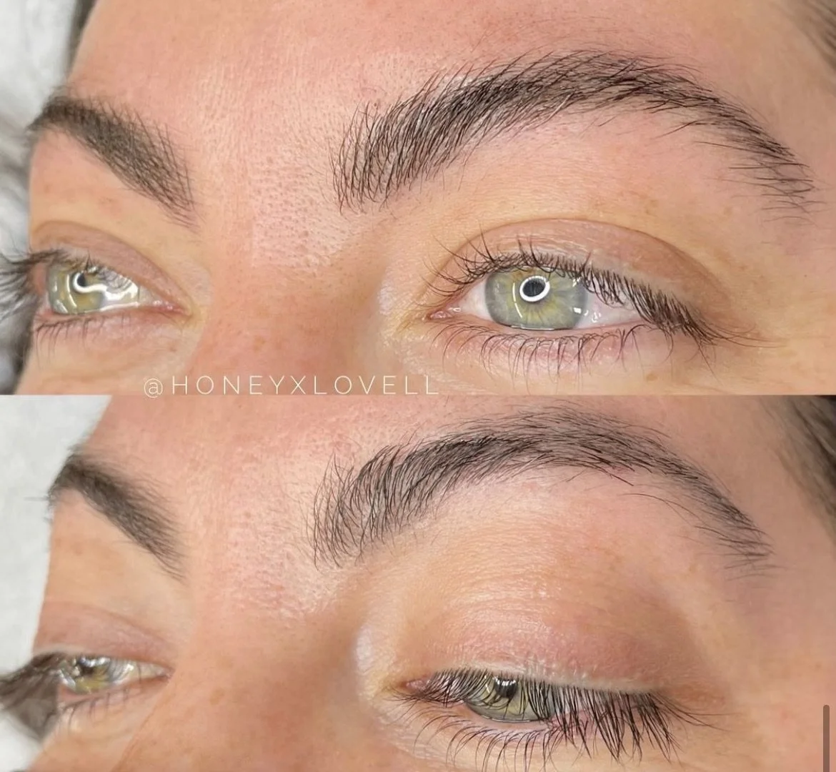 Close-up of a person's face showing the before and after of eyebrow enhancement or grooming, highlighting the improved shape and fullness of the eyebrows.