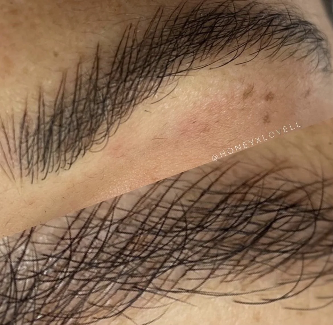 Close-up of human eye, focusing on eyelid, eyebrow, and eyelashes, with visible skin texture and some small freckles or moles.