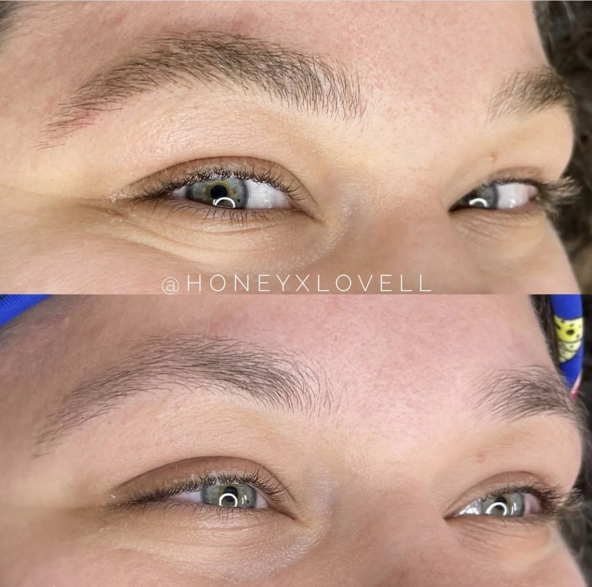 Close-up of a person's eyebrows and eyes before and after eyebrow grooming. The top shows eyebrows with fine hairs and a slight arch, the bottom shows tidy, well-shaped eyebrows. The person's eyes are blue and slightly squinted.