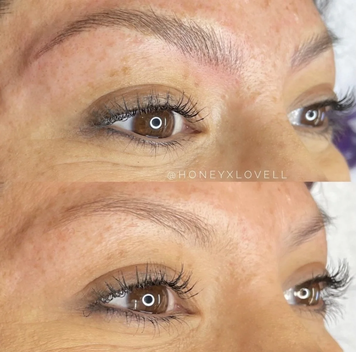Comparison of eyelashes before and after eyelash enhancement, showing longer, darker, and more curled eyelashes in the after image.