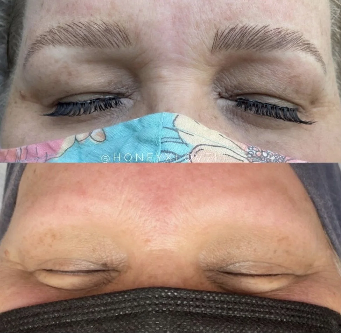 Close-up comparison of a person's eyes before and after eyelash extension treatment, with the top image showing darker, fuller lashes and the bottom showing natural, bare eyes.