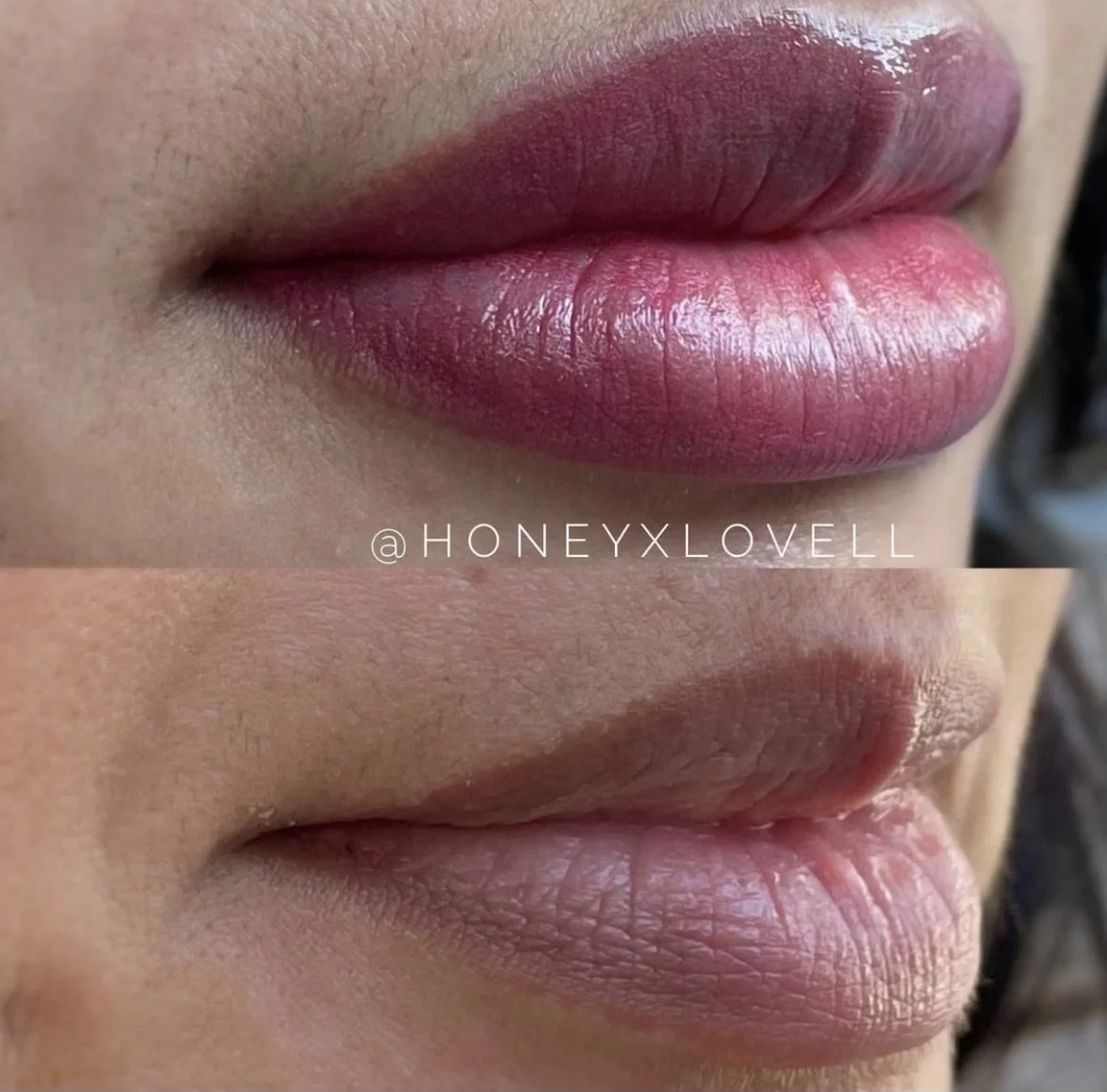 Close-up of lips showing a before and after comparison of lip makeup, with the top image featuring bold, pink lipstick and the bottom image showing natural, nude lips.