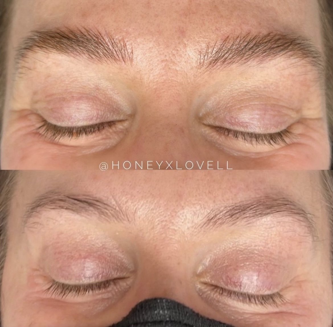 Close-up of a person's closed eyes showing before and after images of eyelash extensions or enhancements.
