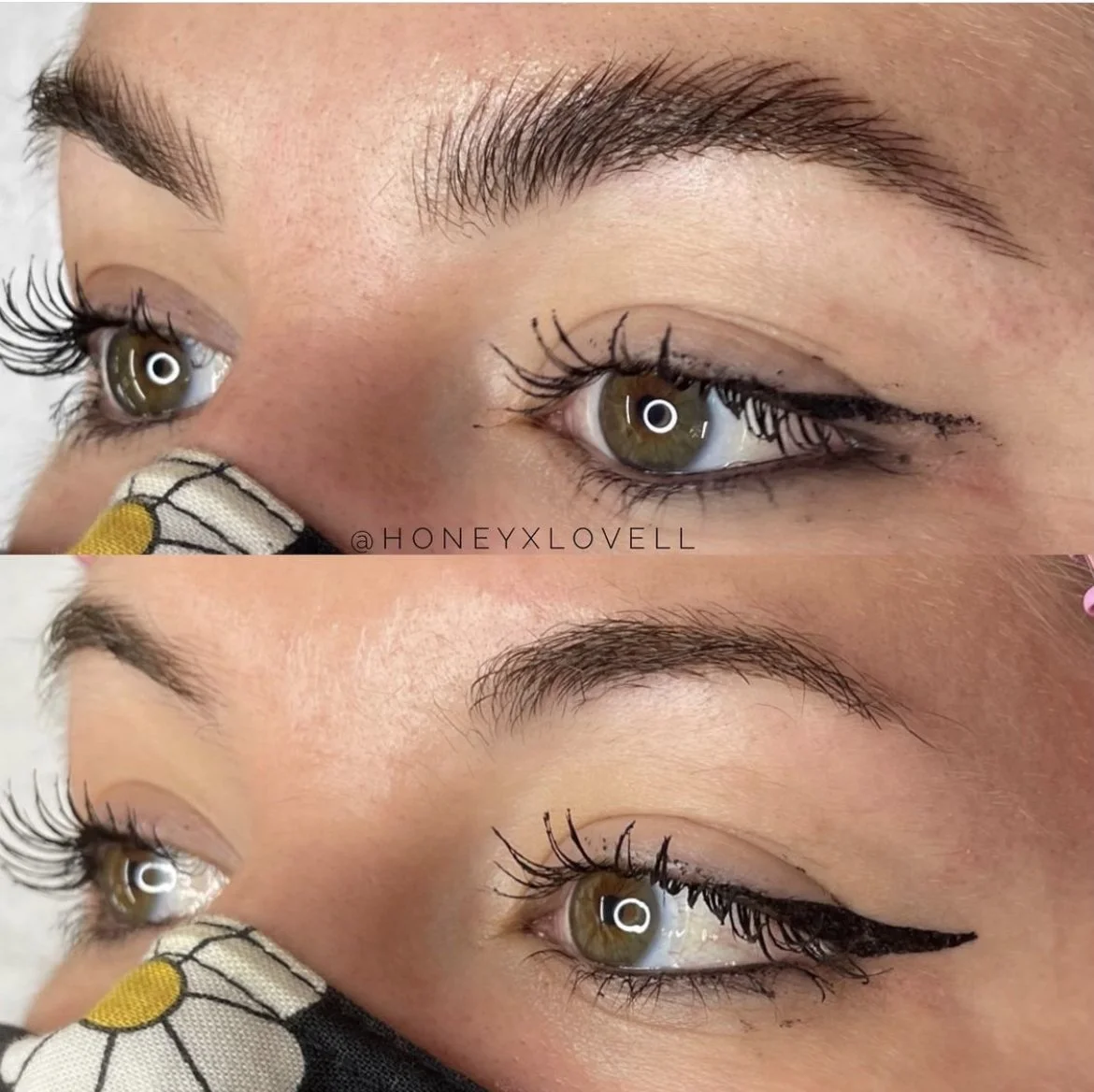 Close-up of a person's eyes showing a before and after comparison of makeup application, including eyelash extensions and eyeliner.