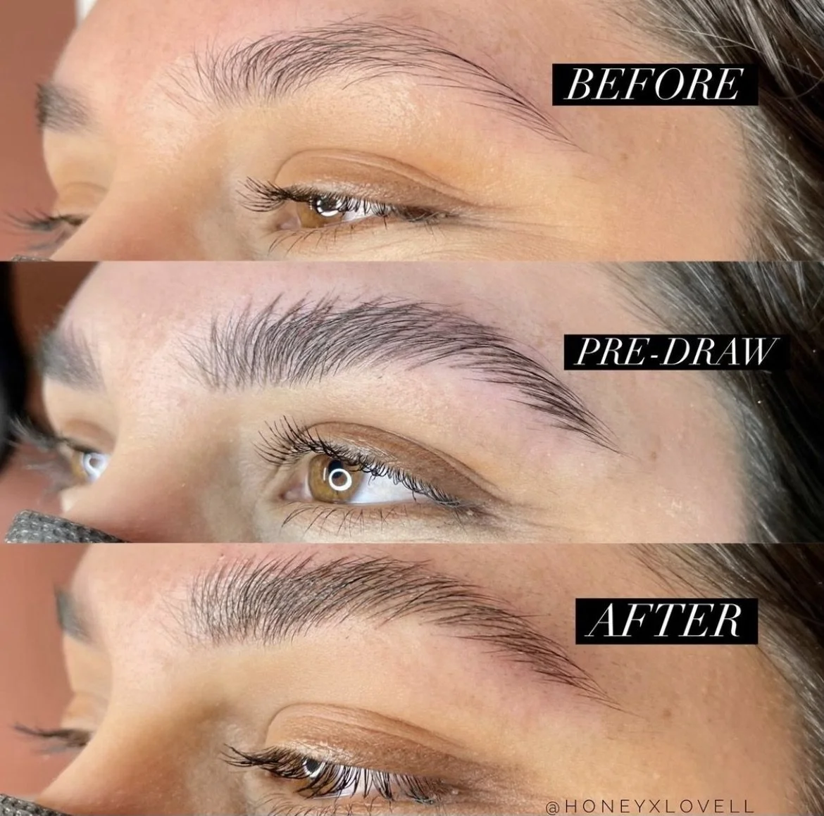 A three-part close-up of a person's eye showing the progression from before to after a brow enhancement procedure, with labels 'BEFORE,' 'PRE-DRAW,' and 'AFTER.'