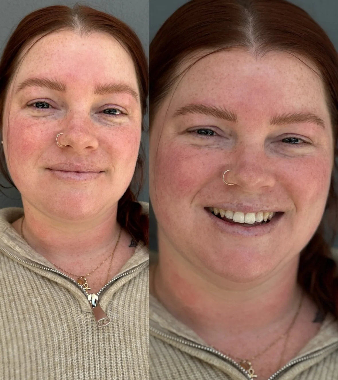 Close-up of a woman's eye and eyebrow, showing detailed skin texture, eye makeup, and long eyelashes.