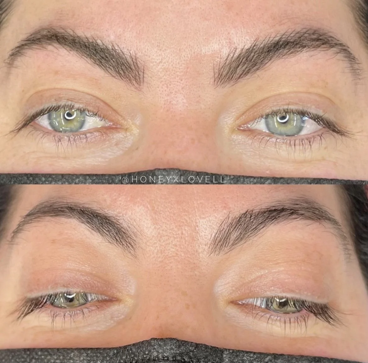 Close-up of a person's eyebrows before and after eyebrow grooming or threading, with the bottom portion showing the eyebrows after the procedure.