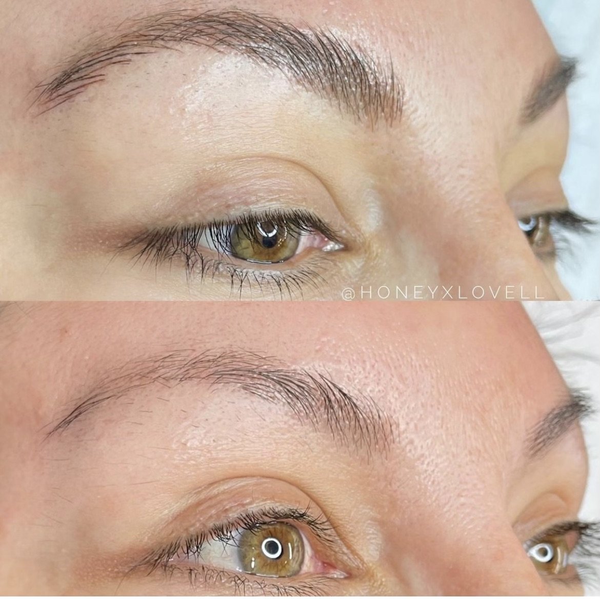 Close-up of a person's eye area showing before and after eyelash or eyebrow enhancement treatments, with clear skin and natural eyebrow shape.