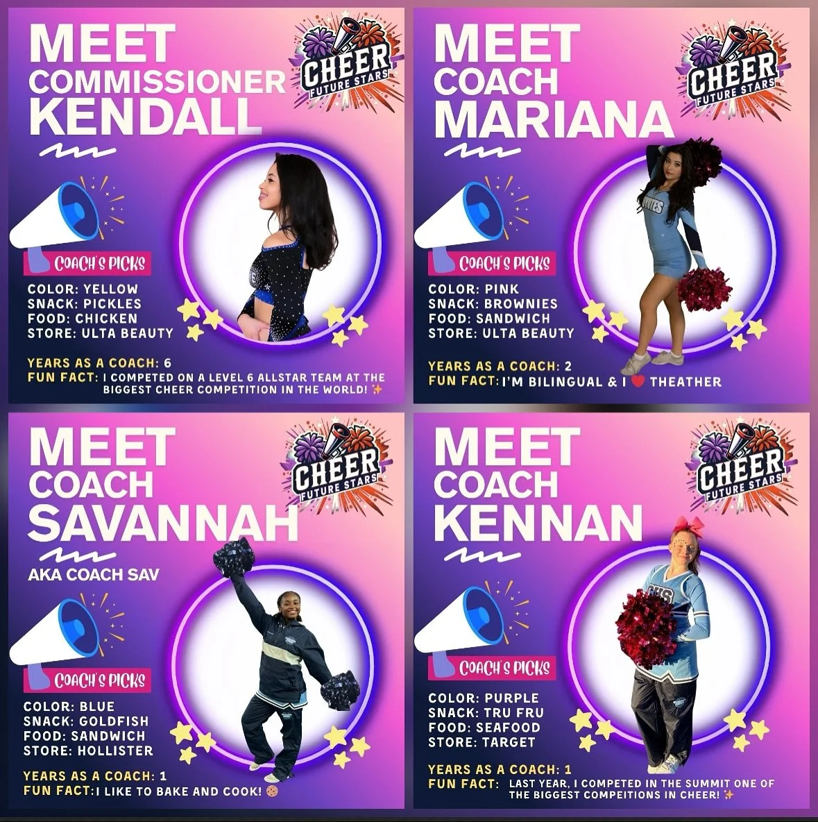 Welcome Back, Future Stars Cheer! 💙✨

We&rsquo;re so excited to welcome our new and returning coaches and cheerleaders for the Winter/Spring Sideline &amp; Competition Season!

This season is going to be full of energy, growth, and teamwork &mdash; 