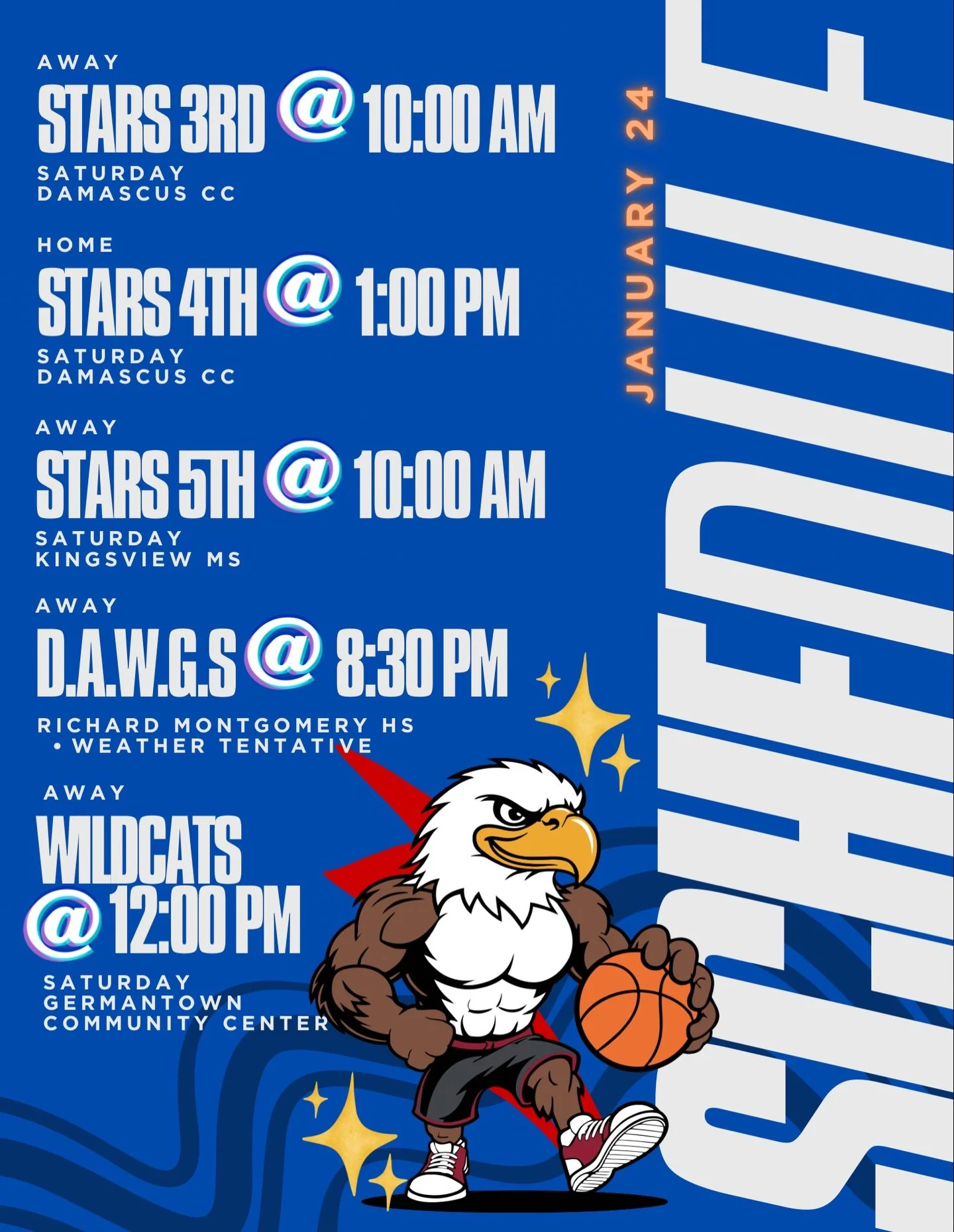 Week 3 is here! 🏀❄️
With expected snow, we anticipate possible cancellations&mdash;please monitor Alert Montgomery for updates. 

Stay warm and we&rsquo;ll see you on the court!