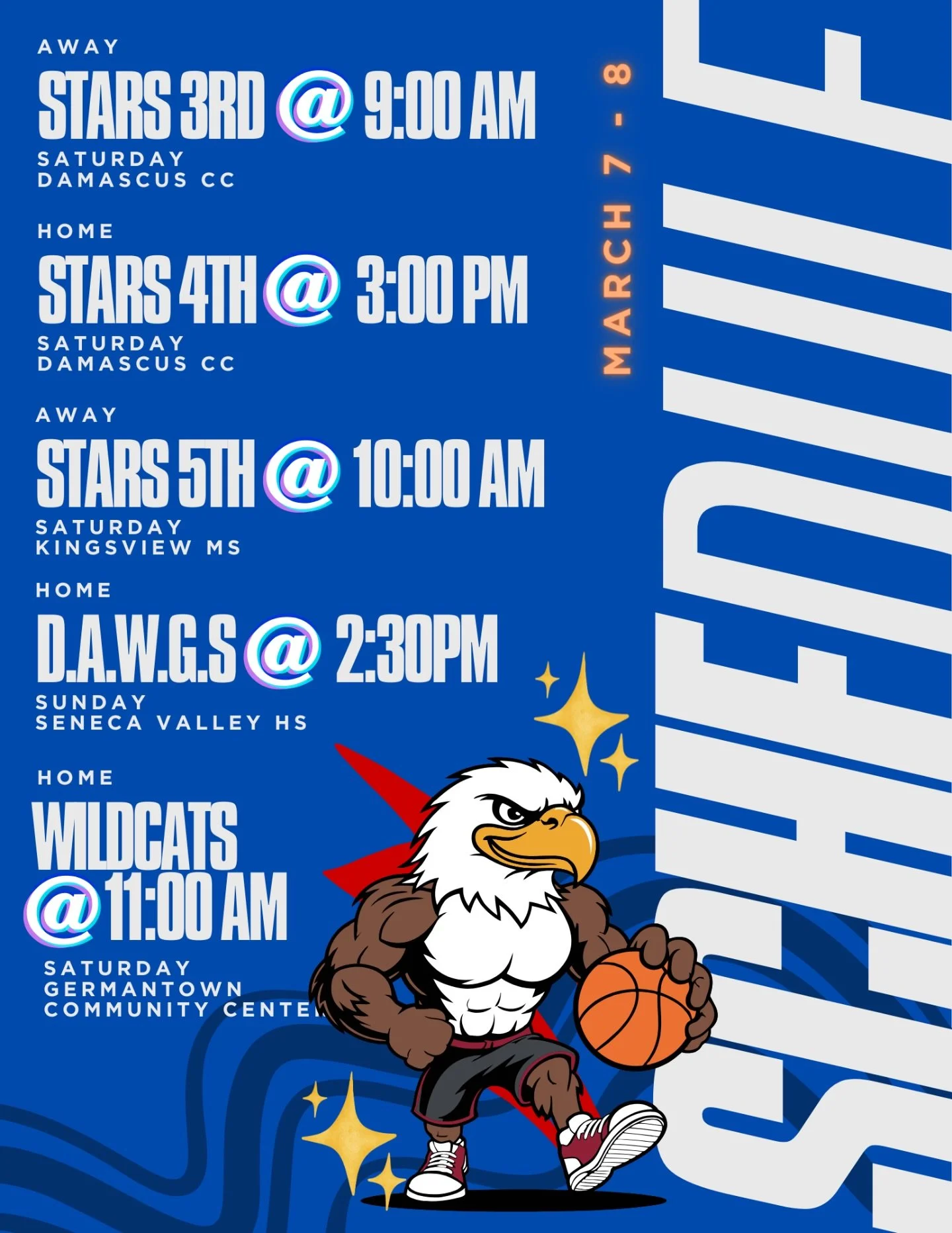 🏀 Weekend Game Day! ⭐
Final games of the season for Stars 4th, Stars 5th, and Wildcats! Let&rsquo;s pack the gym and cheer our teams on as they finish the season strong!