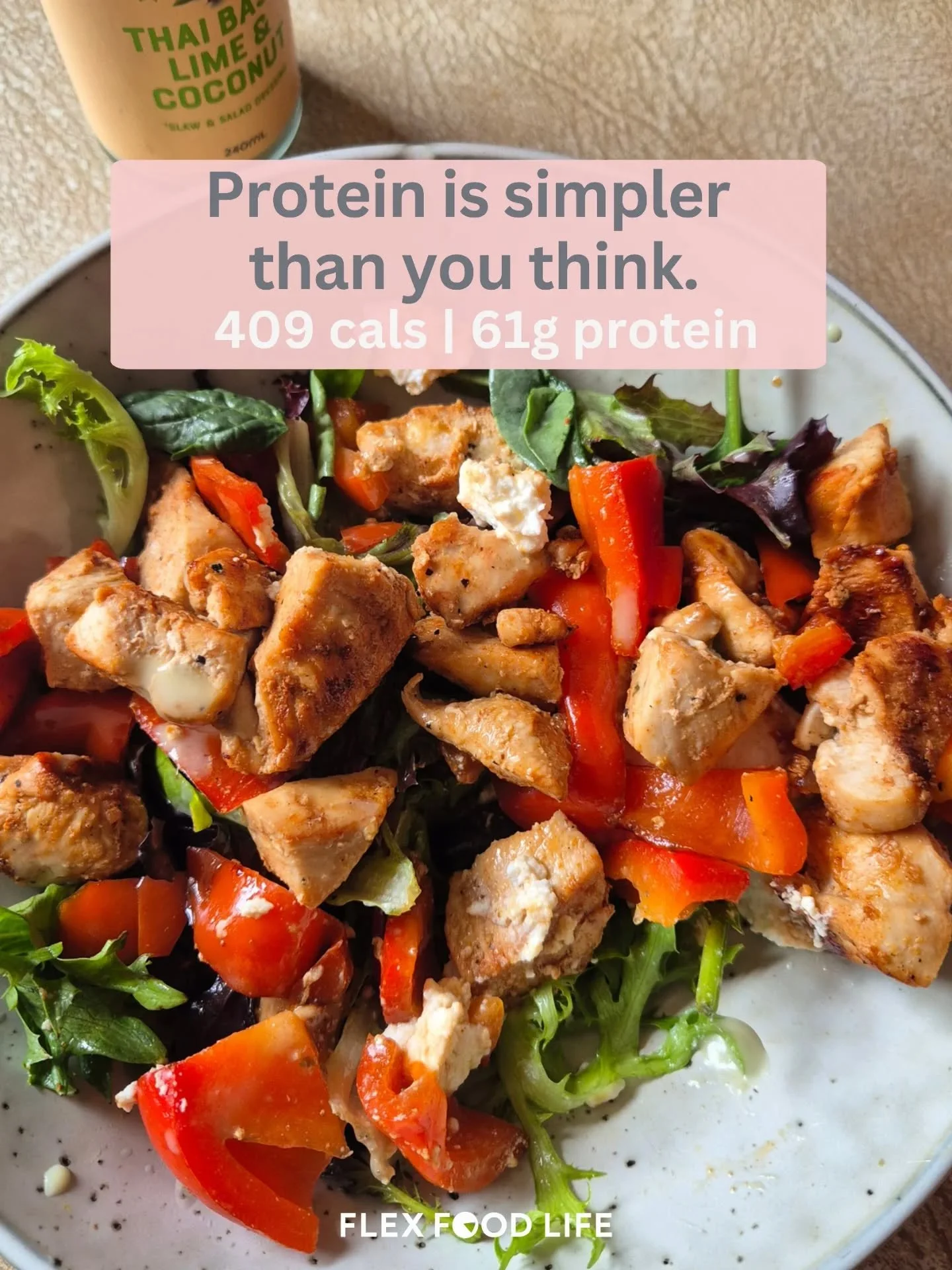 𝗣𝗿𝗼𝘁𝗲𝗶𝗻 𝗶𝘀 𝘀𝗶𝗺𝗽𝗹𝗲𝗿 𝘁𝗵𝗮𝗻 𝘆𝗼𝘂 𝘁𝗵𝗶𝗻𝗸.

This bowl is 61g of protein.
No shake. No bar. No &ldquo;high protein&rdquo; label.

Just:
&bull; 240g chicken
&bull; salad + capsicum
&bull; 60g ricotta
&bull; 1 tsp olive oil
&bull; dr
