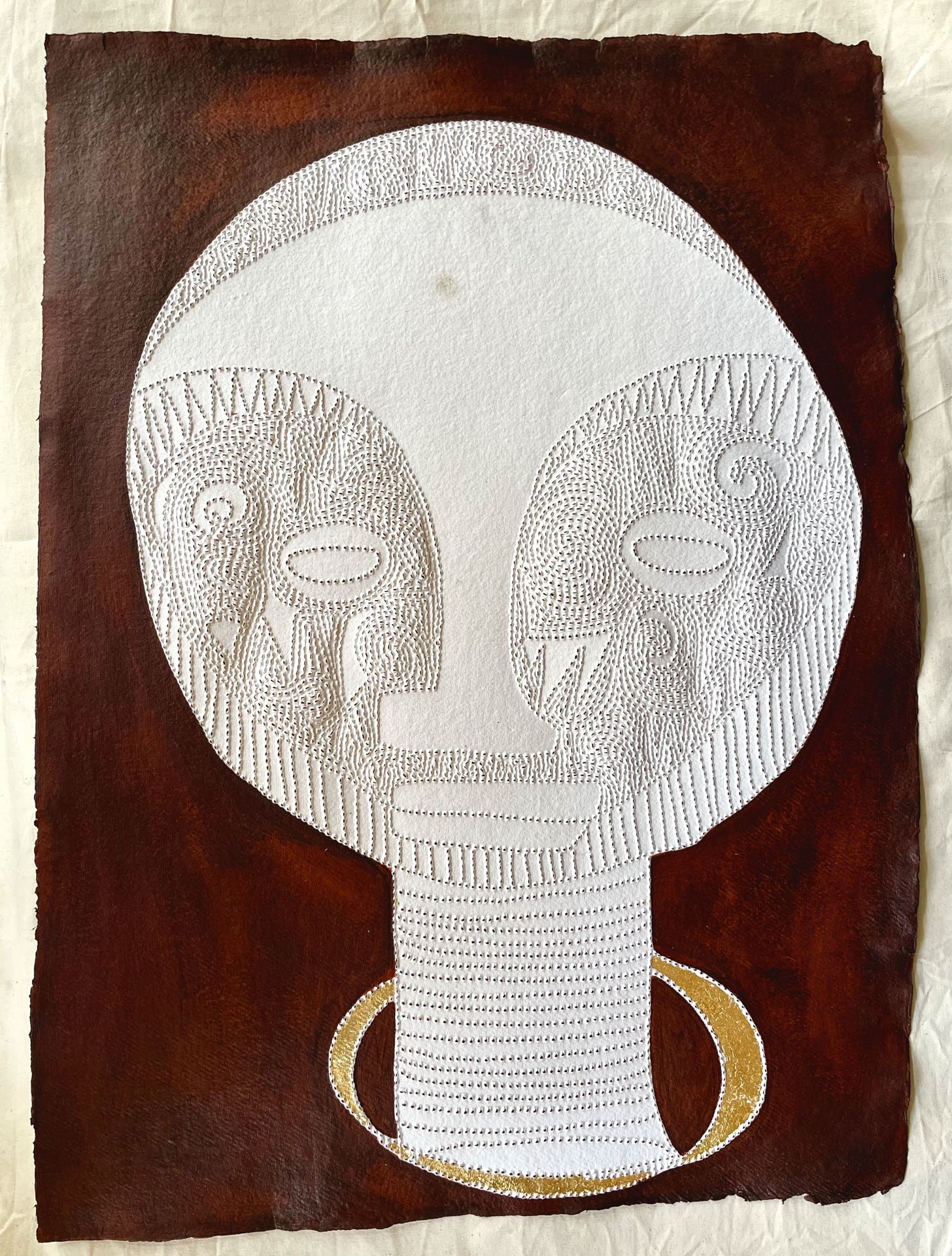 Worthy Ancestor Series | 2021 | Walnut ink, Acrylic, 24k Gold leaf and perforation on handmade paper | 20.7 x 28.3 in.