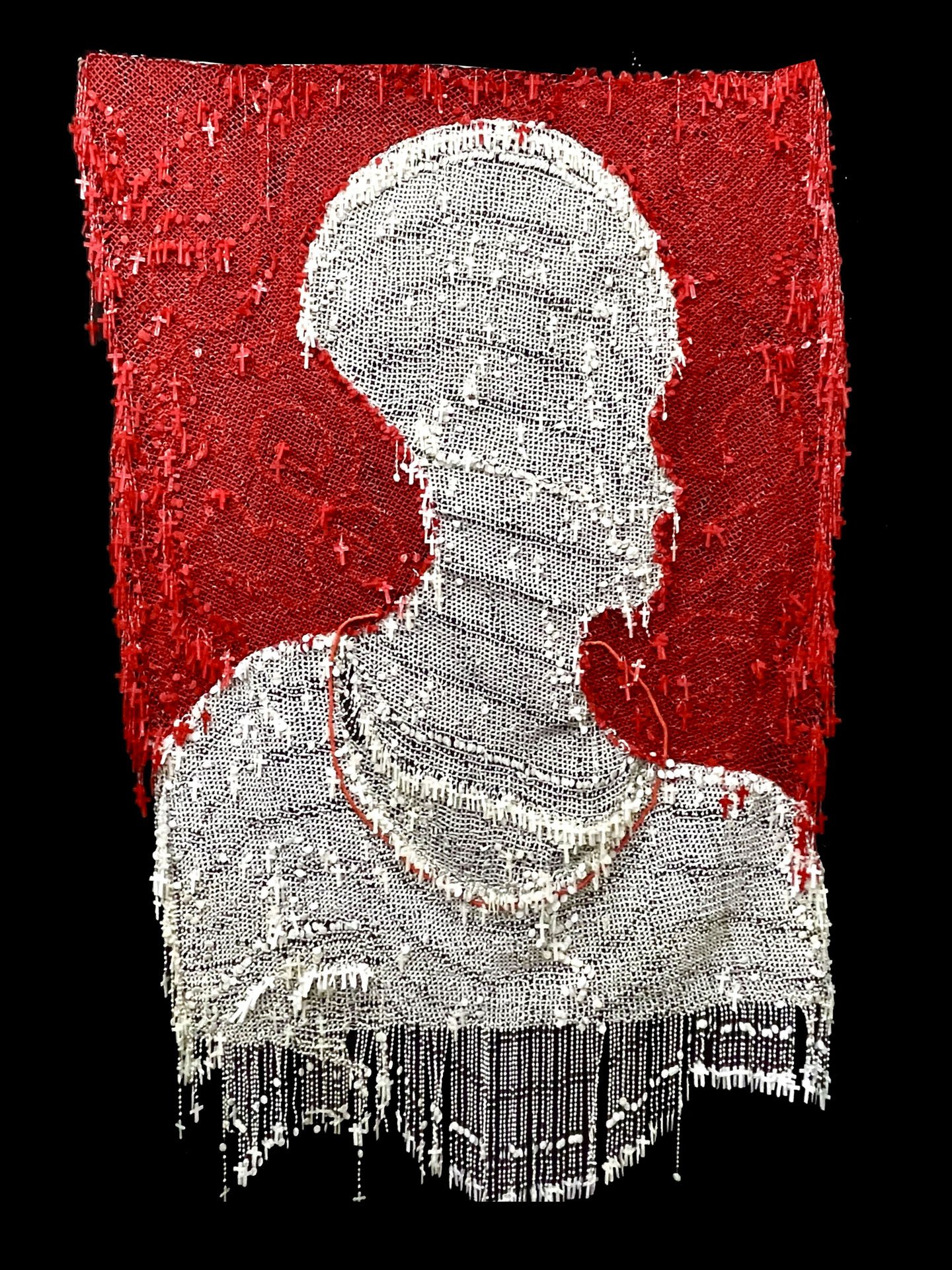 Chief Series | 2021 | Rosary beads and thread on lace textile | 81 x 58 in.