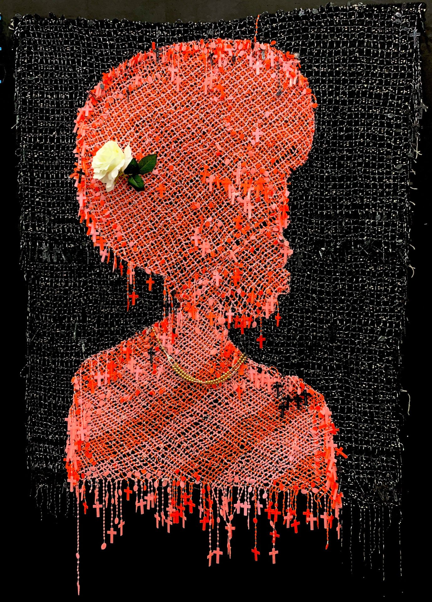 Woman Leader, world 1 | 2021 | Multi-coloured Rosary beads and thread on lace textile | 46 x 67 in.