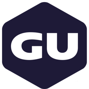 GU logo with a dark blue hexagon background and white letters.