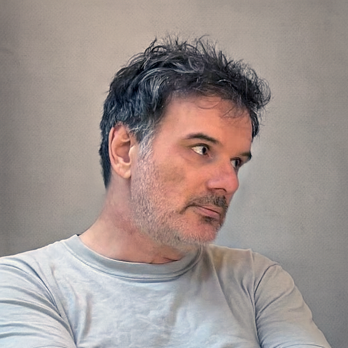 Solid blue background.