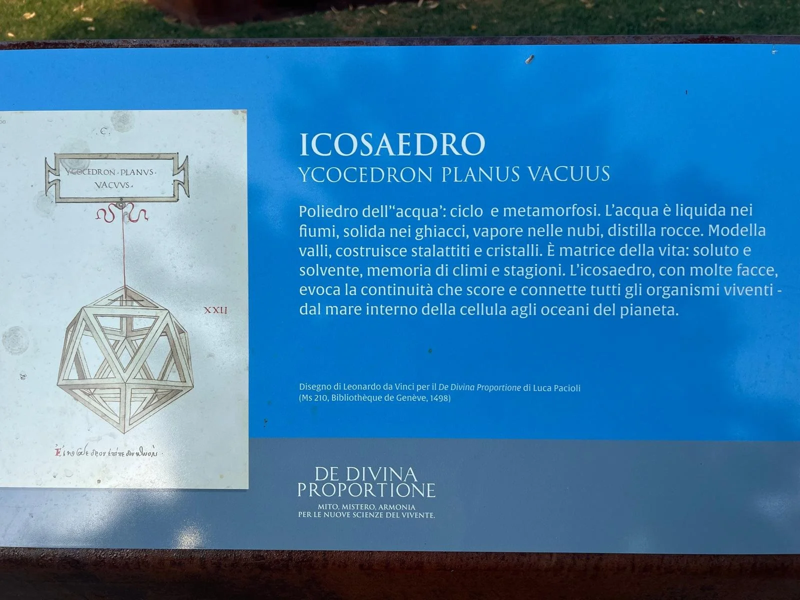 Panel informativo sobre el Icosaedro, con una imagen del dibujo y texto en italiano que explica su relación con el ciclo del agua, la vida y la ciencia.