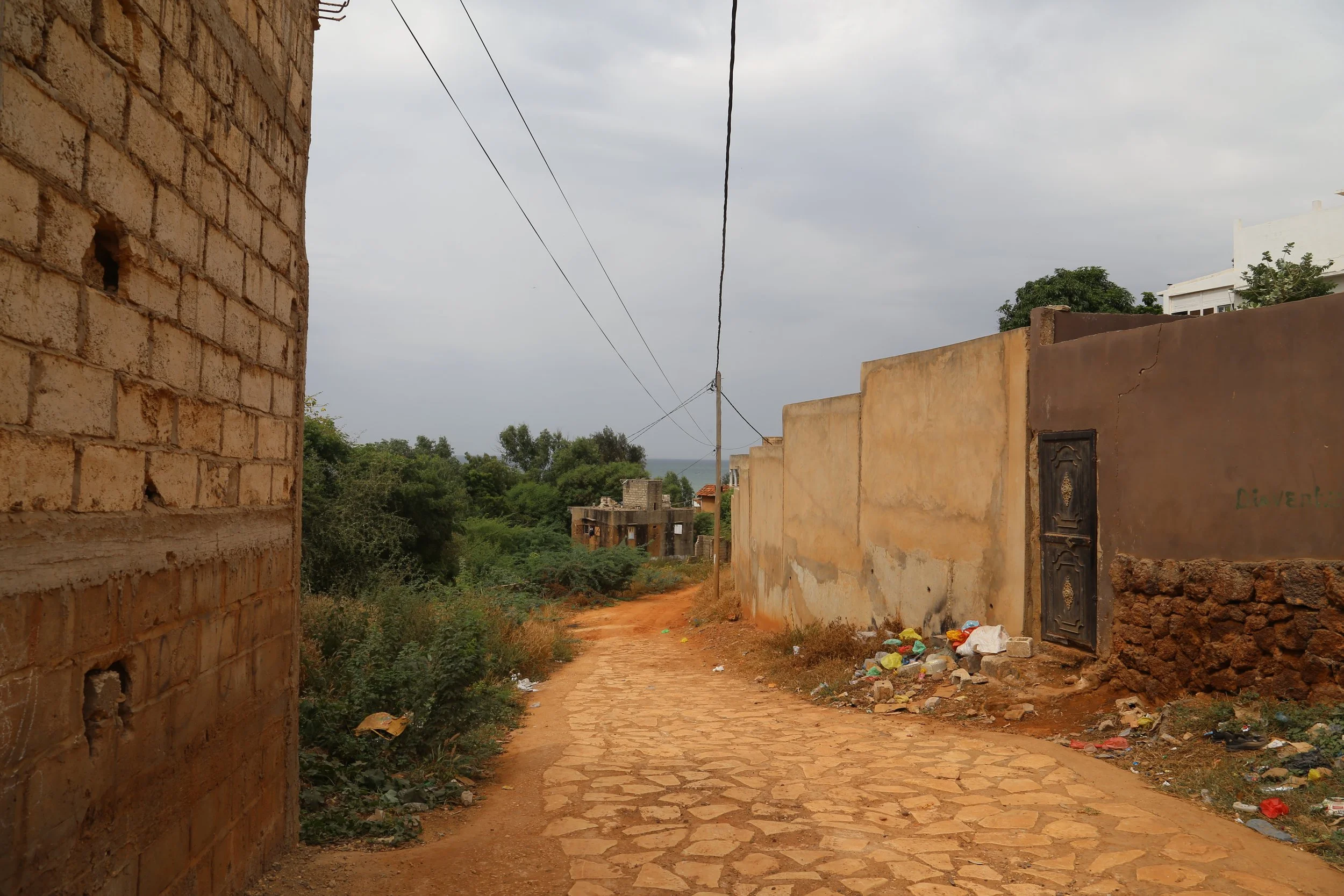 Camino de tierra con paredes de ladrillo y estuco, con basura en el suelo, rodeado de vegetación y cables eléctricos, en un entorno rural o urbano marginal.