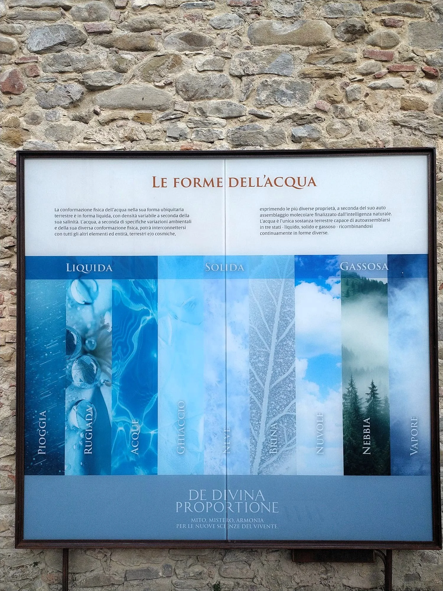 Cartel informativo titulado 'Le forme dell'acqua' con texto en italiano, que habla sobre las propiedades físicas del agua en diferentes estados: líquido, sólido y gaseoso, y su importancia en la ciencia y la naturaleza, con imágenes representativas de cada estado.