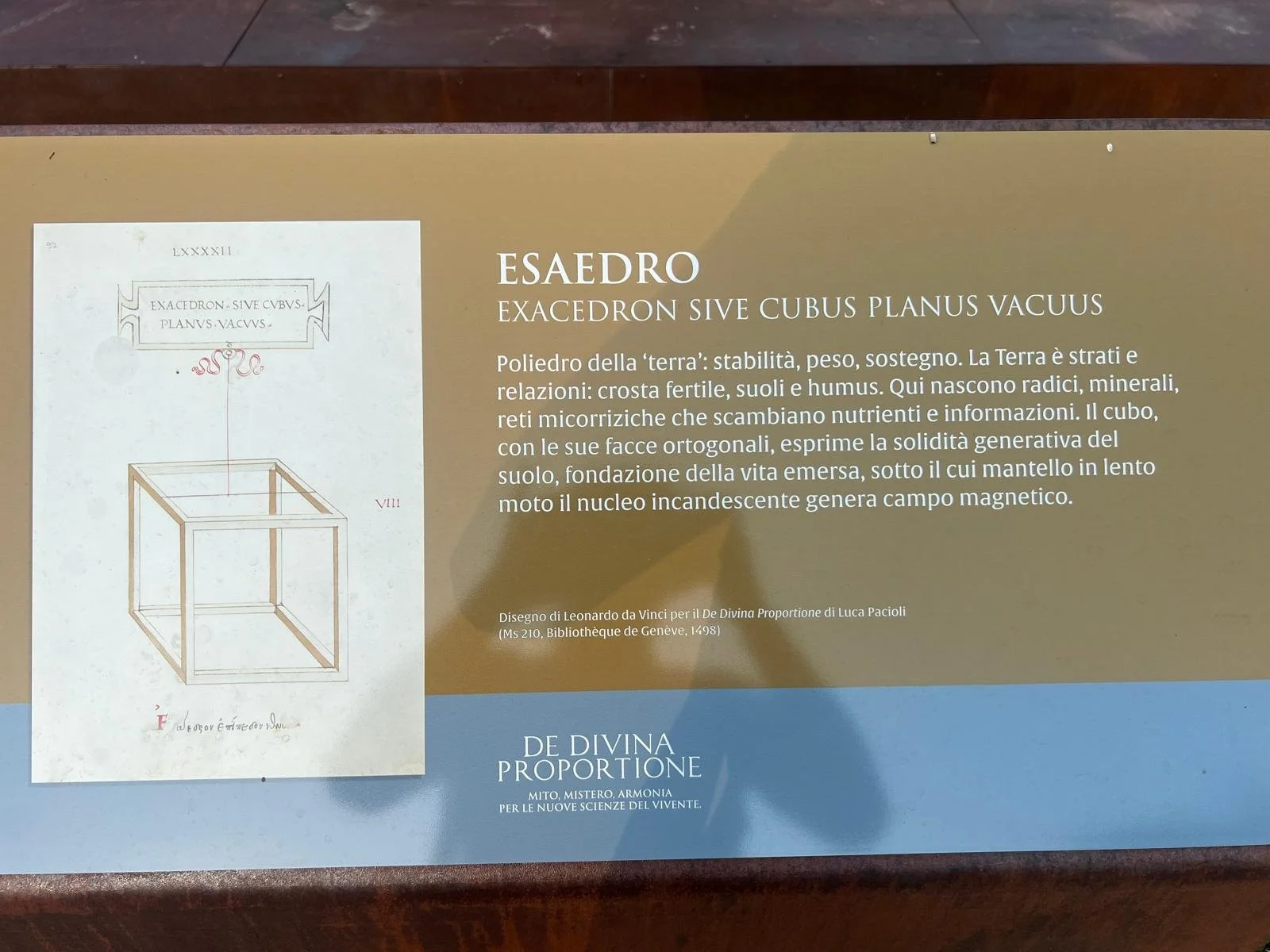 Panel informativo sobre el Esadro, con una ilustración de un cubo y texto en italiano y español que describe su relación con la estabilidad y la naturaleza.