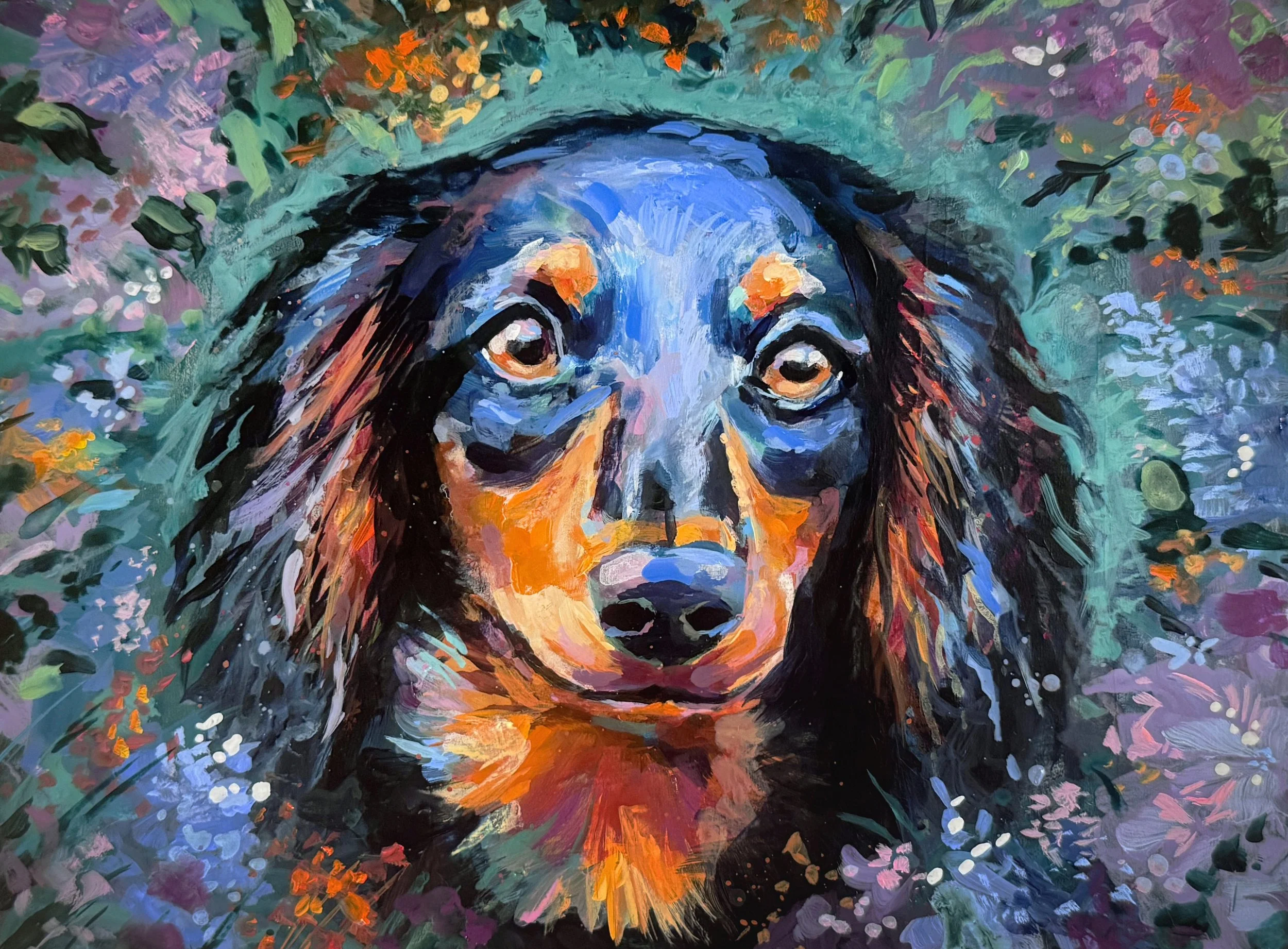 Floral Dachshund - Teal, Purple, Orange.jpg
