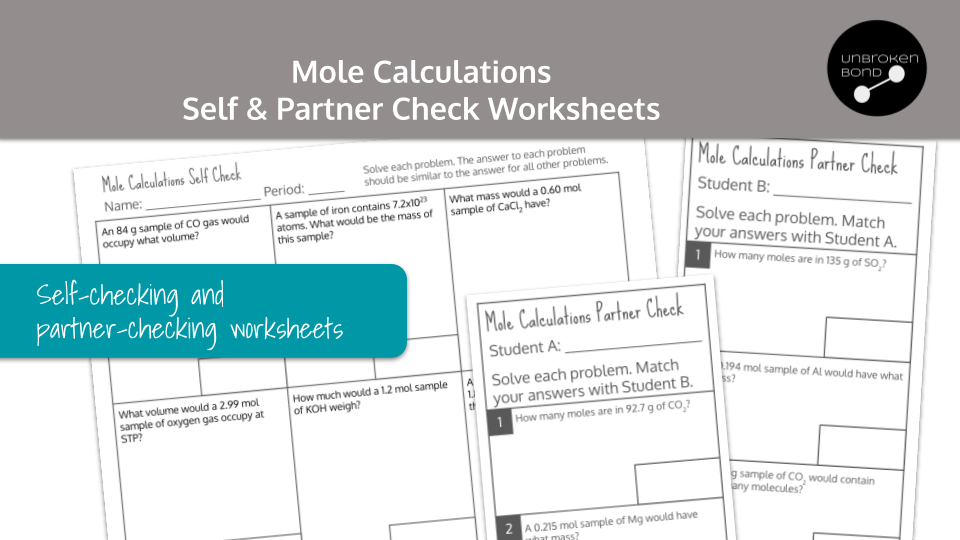Mole Calculations Self and Partner Check Worksheets Preview Image 1