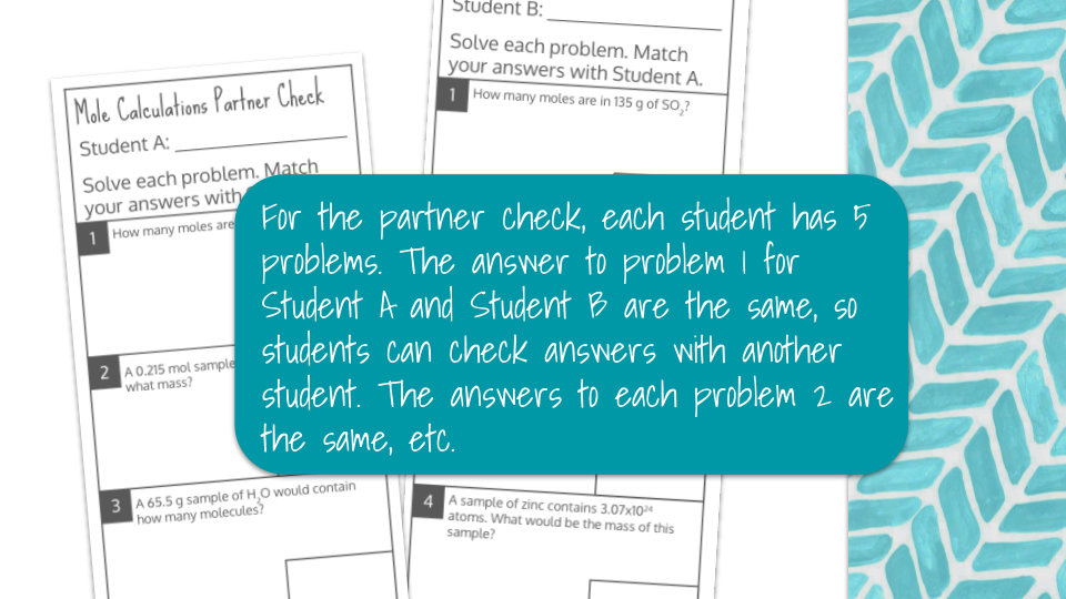 Mole Calculations Self and Partner Check Worksheets Preview Image 3
