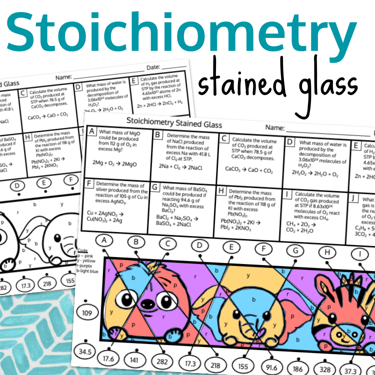 Chemistry Stoichiometry Practice Stained Glass Coloring by Code Worksheet