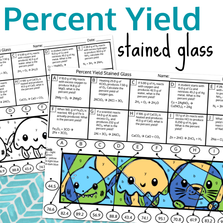 Chemistry Stoichiometry Percent Yield Stained Glass Coloring by Code Worksheet