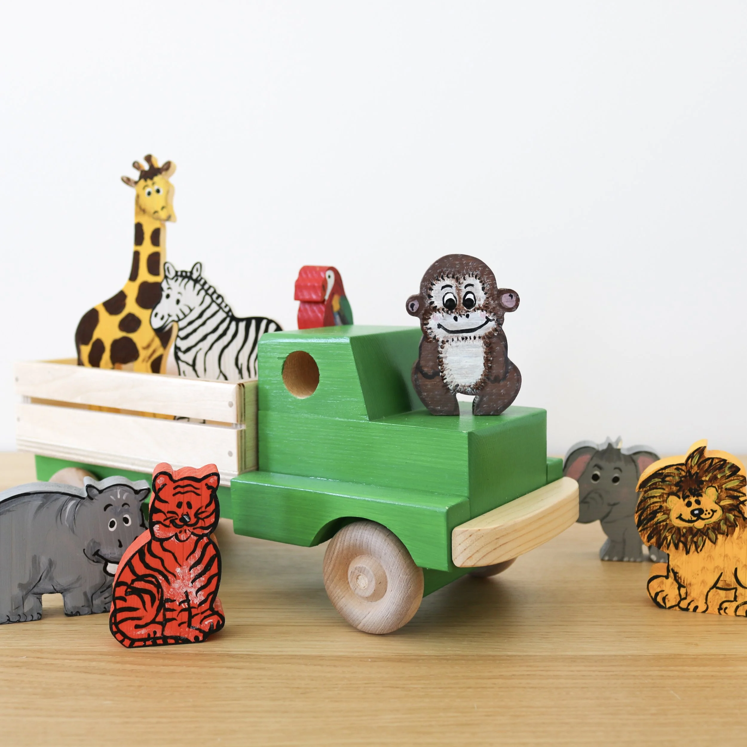 Wooden Things By Sieger Green Truck with Safari Animals